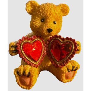 Vintage Teddy Bear Figurine Holding Red Gemstone Hearts Collectible Decoration